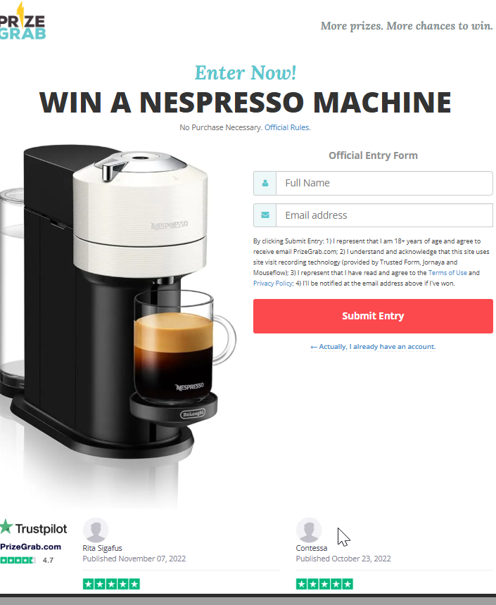  PrizeGrab - Nepresso Coffee Machine CPL DOI Preview