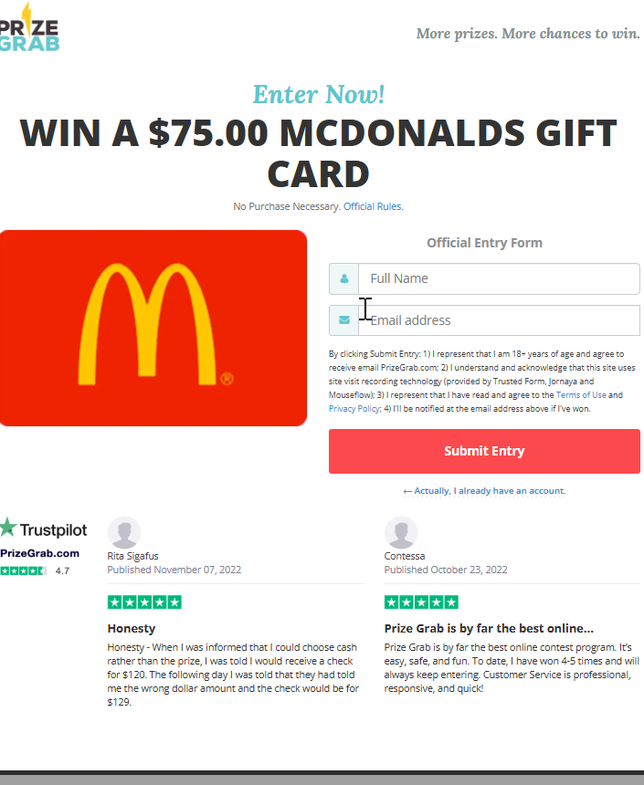 PrizeGrab -  75 McDonalds Gift Card CPL DOI Preview