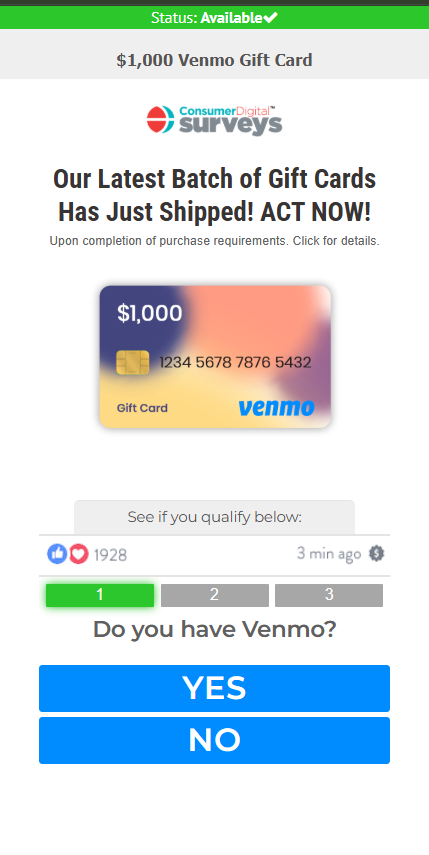 CDS -  1000 Venmo Card CPA - US Preview