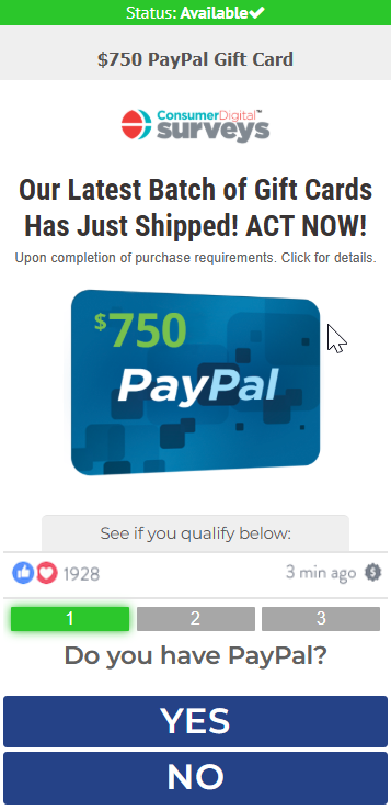 CDSs -  750 PayPal Gift Card CPA US Preview