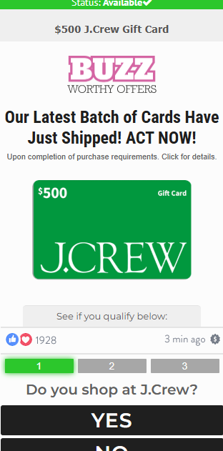 BWO -  500 J.Crew Gift Card CPA - US Preview
