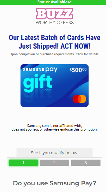 BWO  500 Samsung Pay Gift Card CPA - US Preview