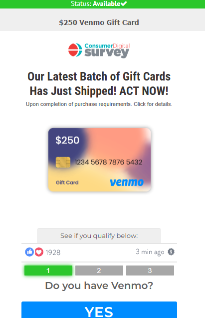 CDS -  250 Venmo Gift Card CPA - US Preview