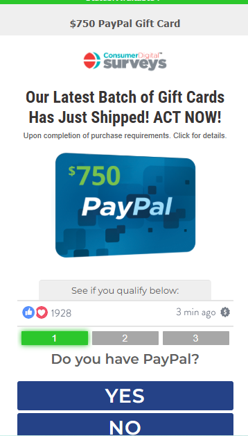 CDS -  750 PayPal Gift Card - SOI - US - Non-Incent Preview