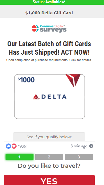 CDS -  1,000 Delta Gift Card CPA US Preview