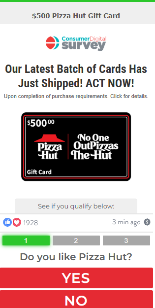 CDS -  500 Pizza Hut Gift Card CPA US Preview