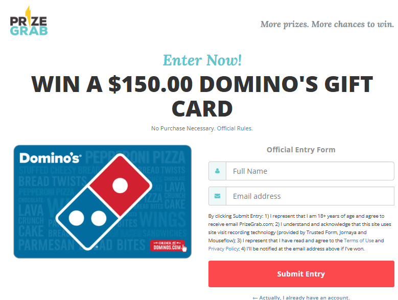 PrizeGrab - Win  150 Dominos Gift Card Preview
